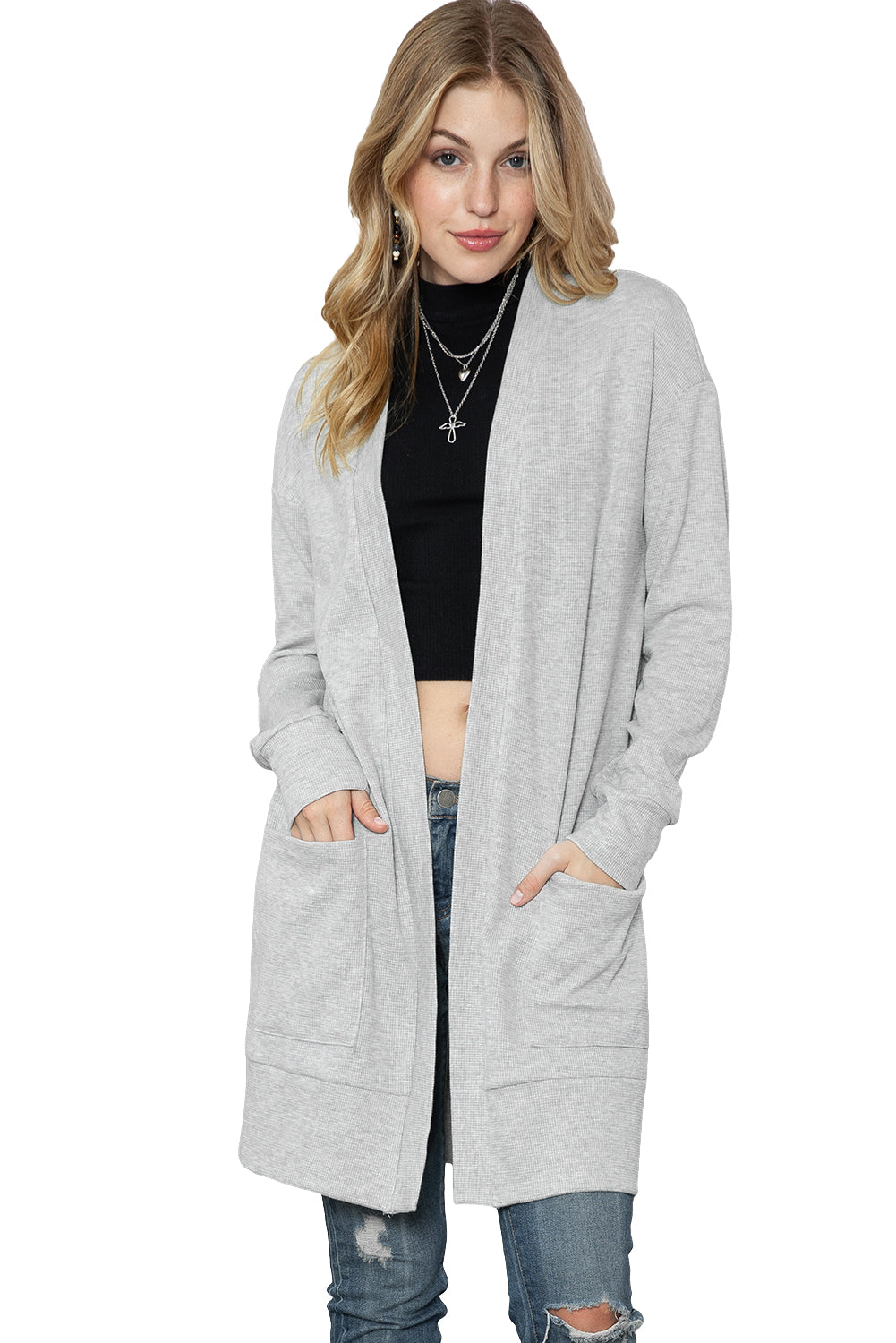 Black Ribbed Knit Pocketed Open Front Long Cardigan