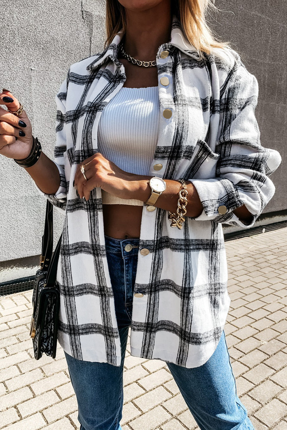 Pink Plaid Casual Button Up Shirt Shacket with Slits