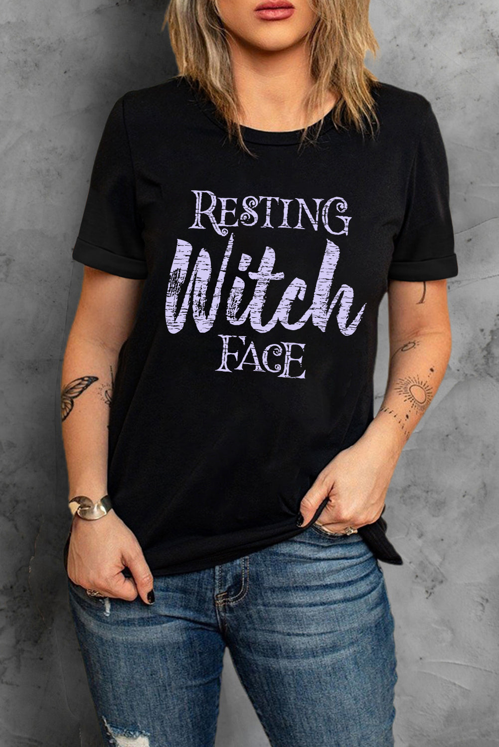 Black Resting Witch Face Casual Letter Print Graphic Tee