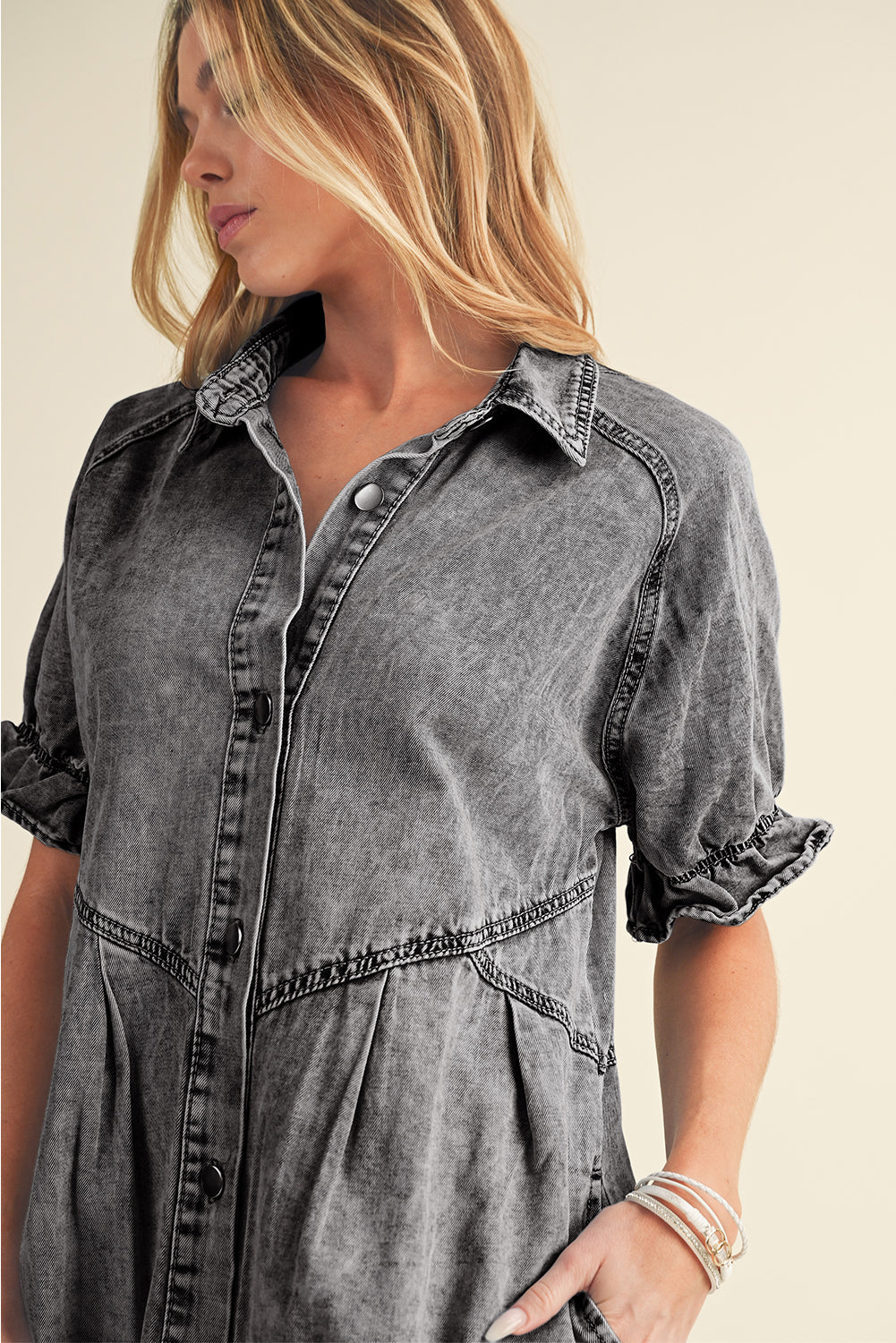 Medium Grey Mineral Washed Ruffled Short Sleeve Pocketed Denim Dress