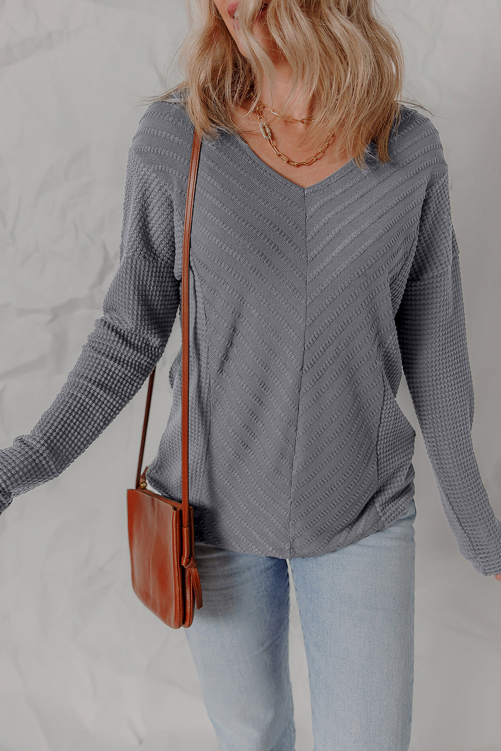 Sleet V Neck Chevron Texture Patchwork Long Sleeve Top