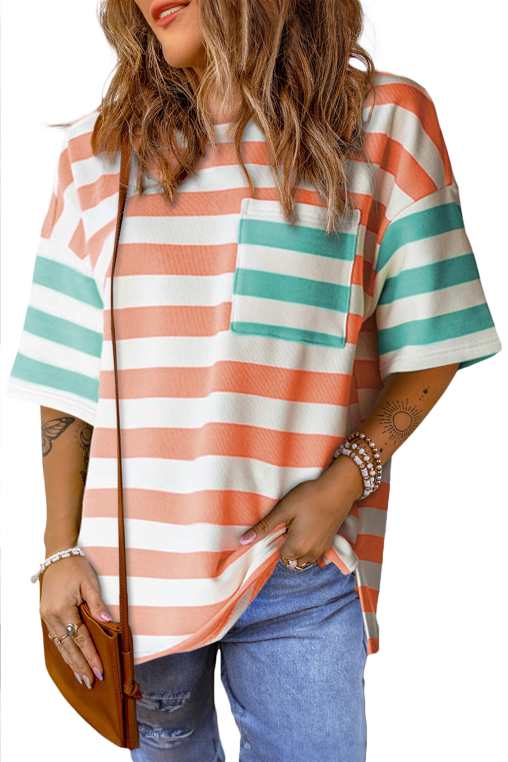 Stripe Patch Pocket Drop Sleeve Slits T Shirt