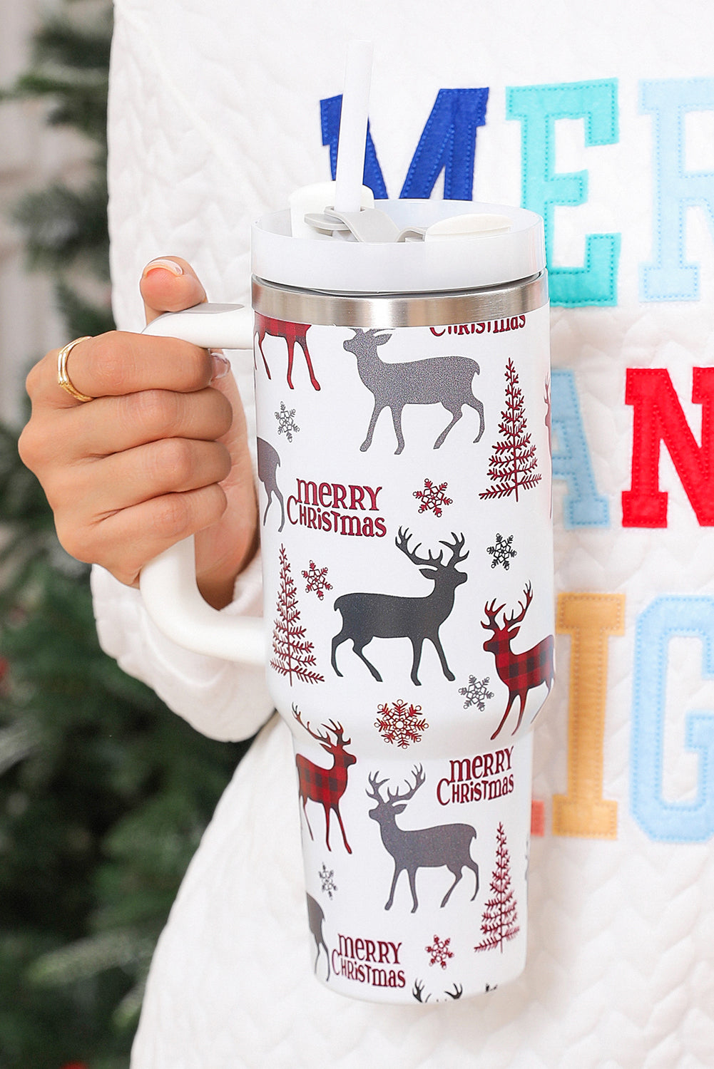 White Merry Christmas Tree Snowflake Elk Print 40 oz Tumbler Cup