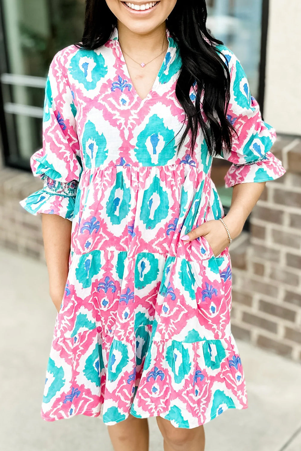 Multicolour Boho Abstract Smocked Sleeve Tiered Dress