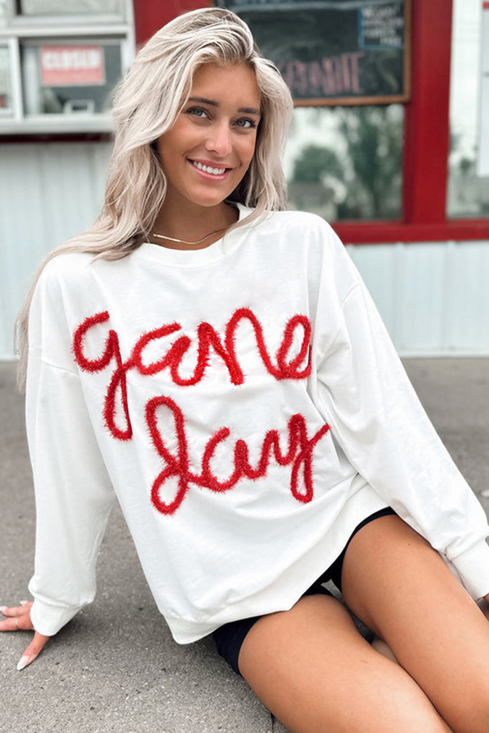 White With Red Tinsel Game Day Drop Shoulder Sweatshirt