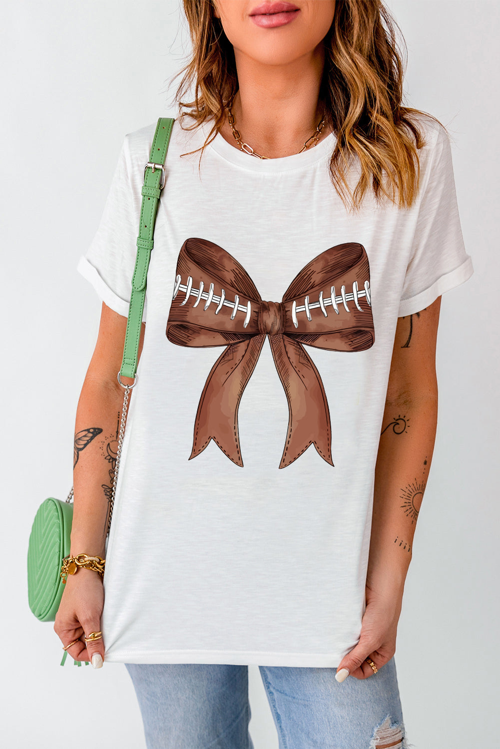 White Game Day Football Bowknot Graphic T Shirt