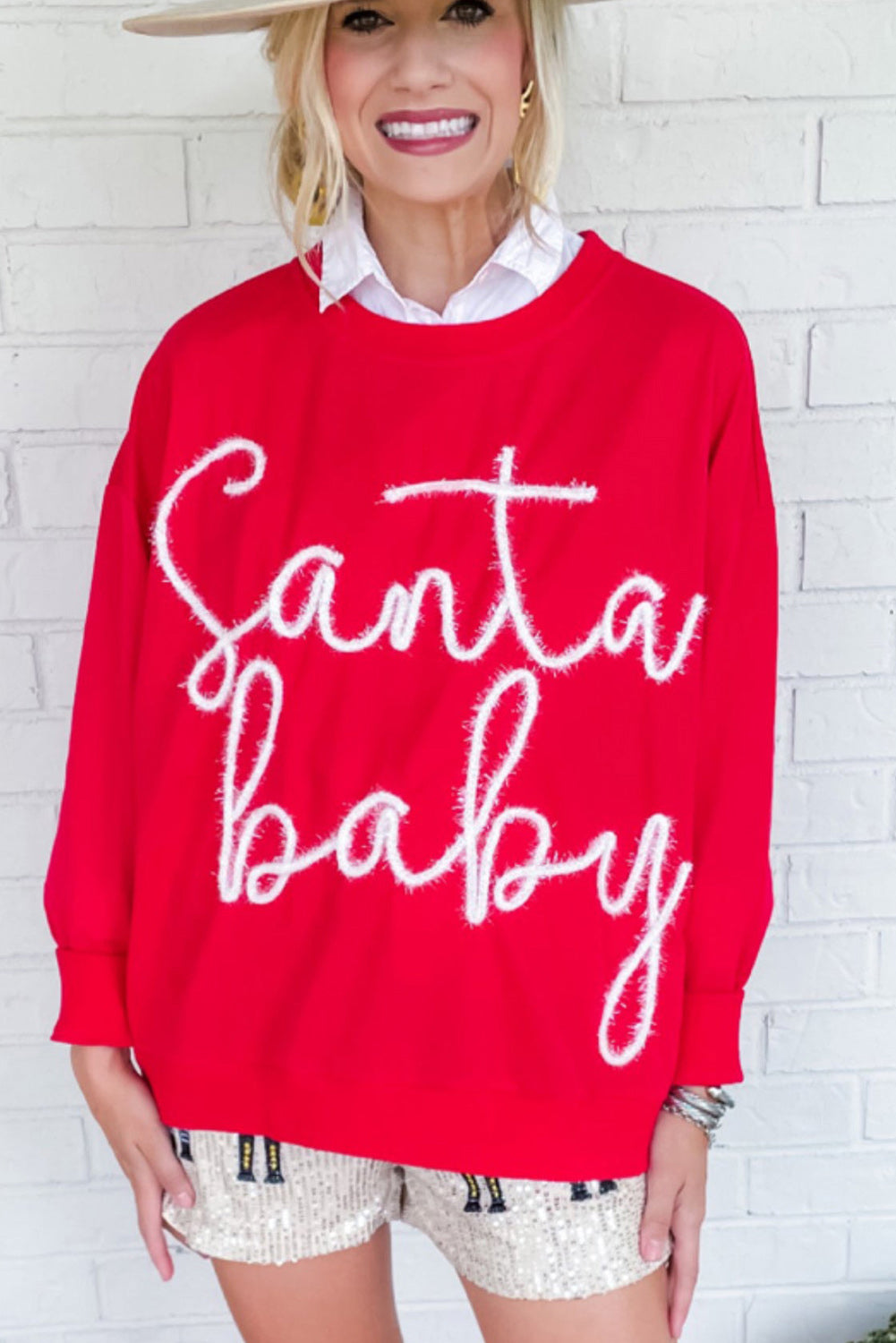 Fiery Red Christmas Tinsel Santa Baby Graphic Sweatshirt