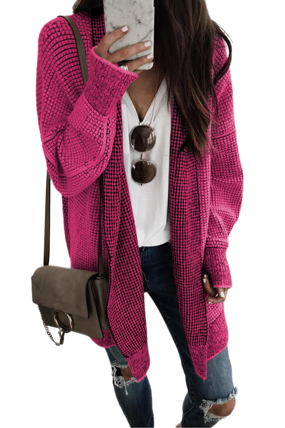 Plaid Contrast Trim Casual Knit Cardigan