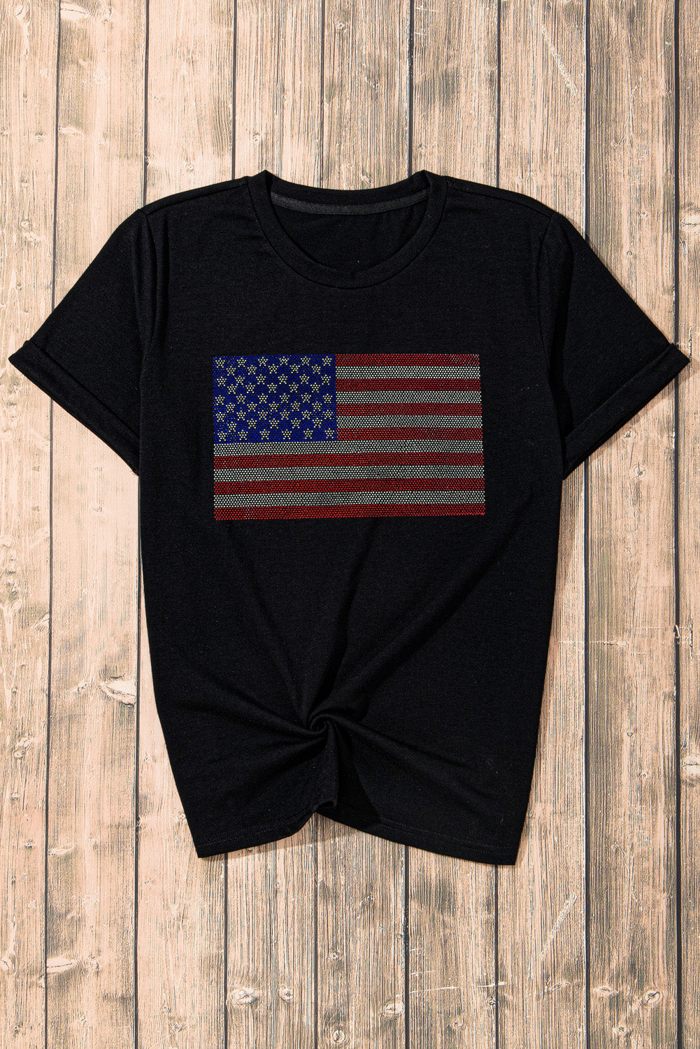 Black Rhinestone American Flag Graphic Round Neck Tee