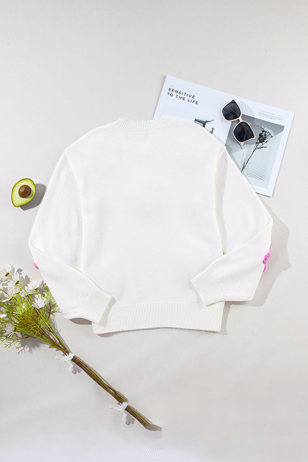 White 3D Flower Detail Loose Sweater