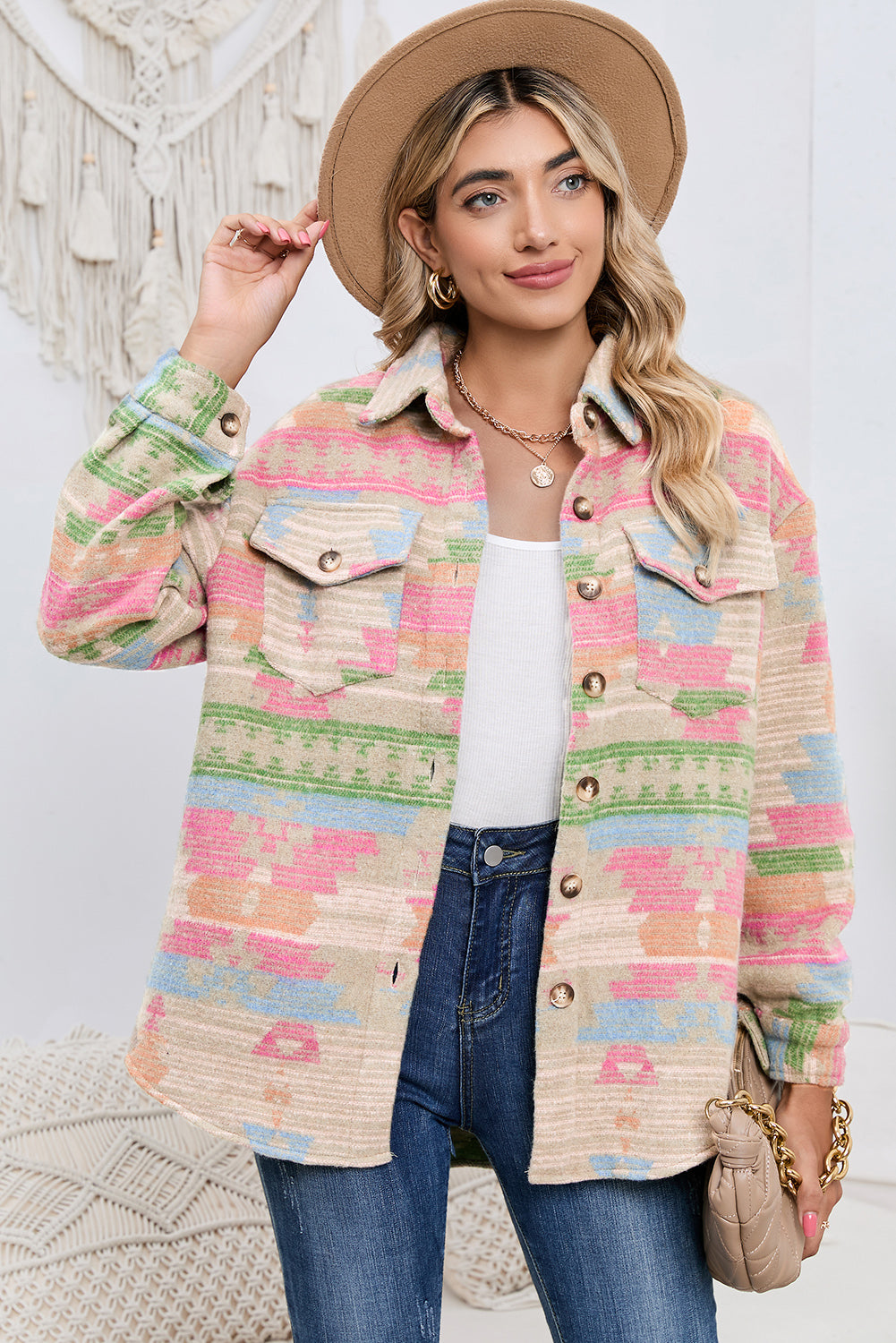 Multicolor Southwest Button Up Flap Pockets Geometric Jacket for Women