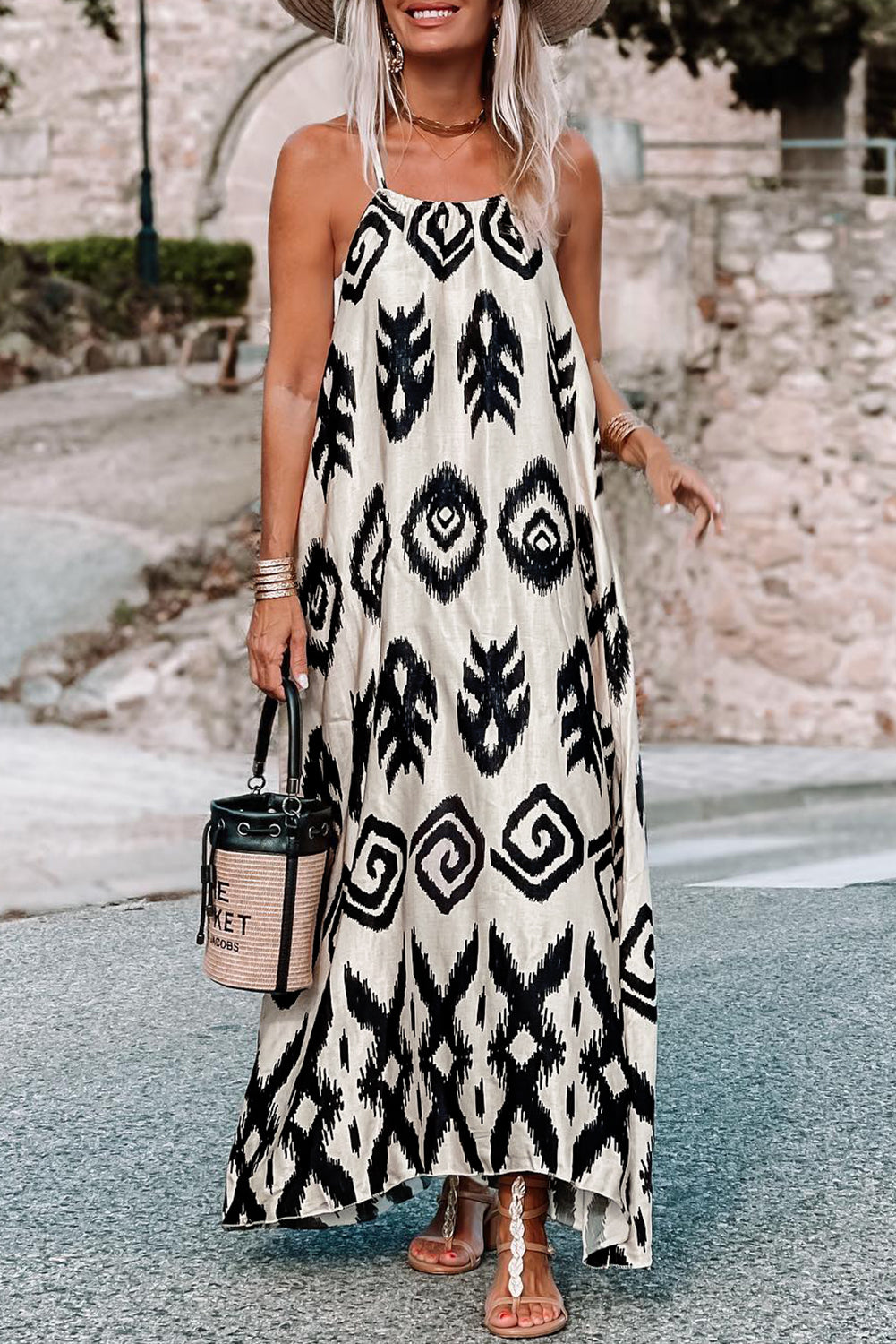 Black and White Geometric Printed Spaghetti Strap Sundress