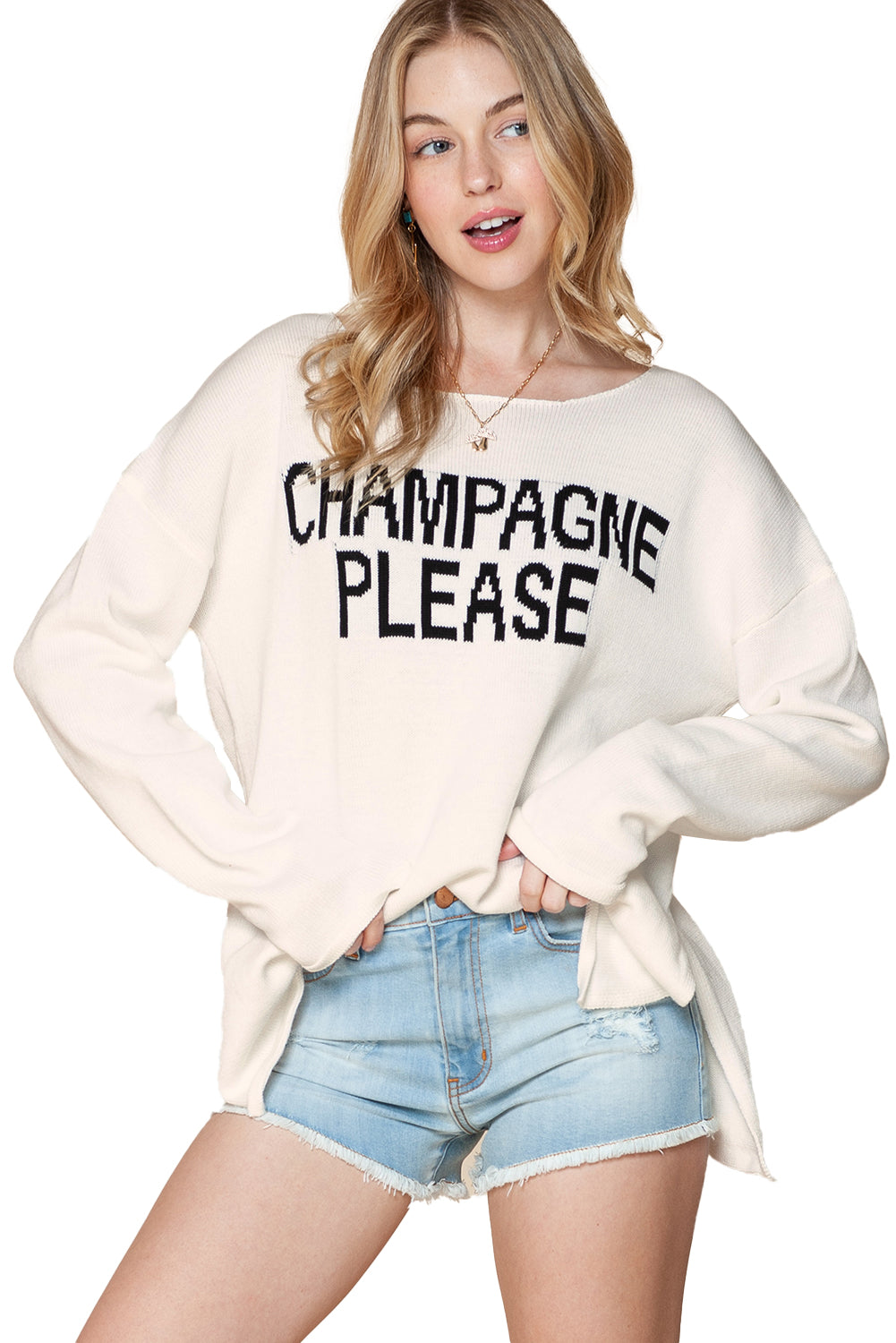 White Champagne Please Letter Pattern Knitted Sweater