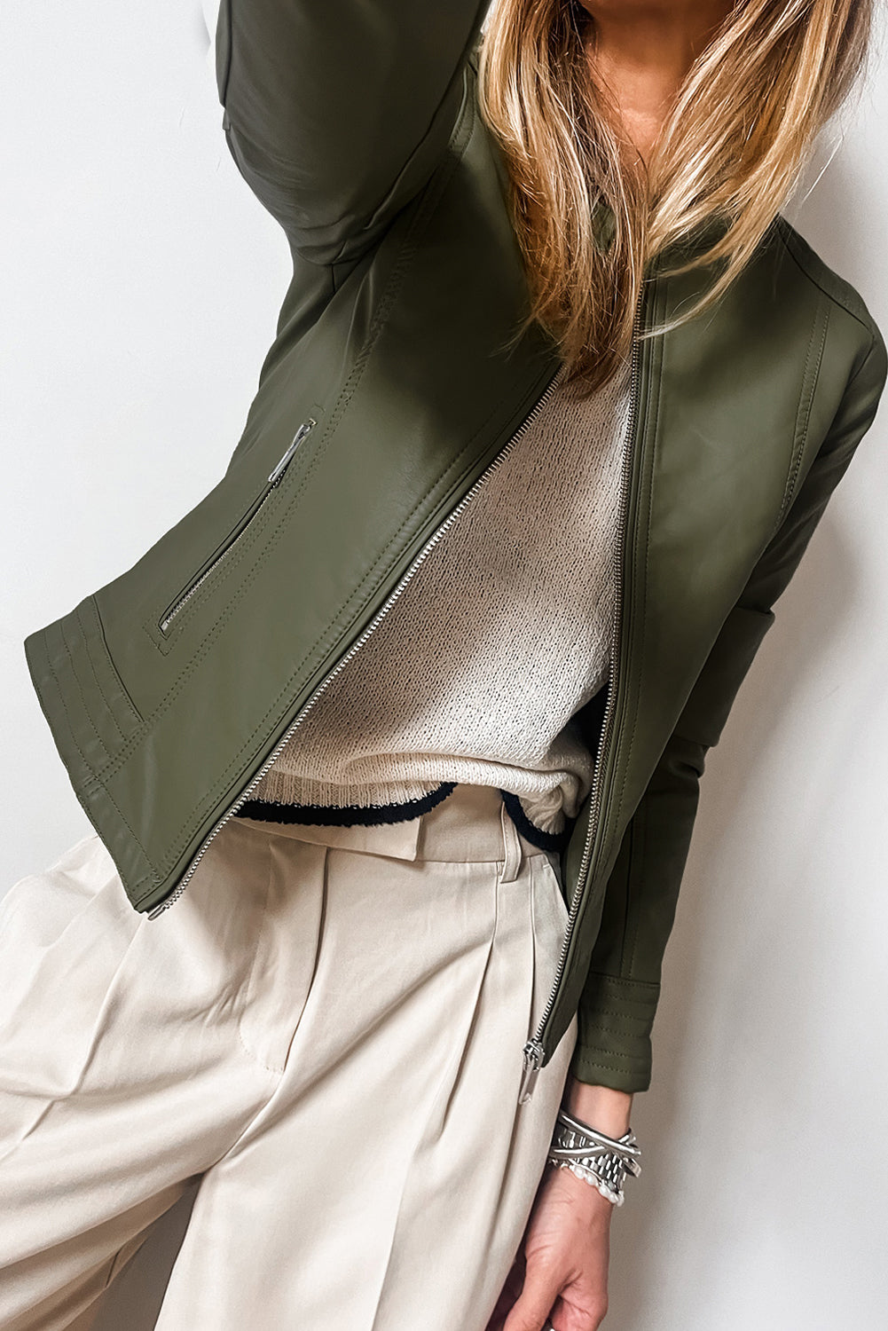 Sage Green Faux Leather Pockets Round Neck Zipper Jacket