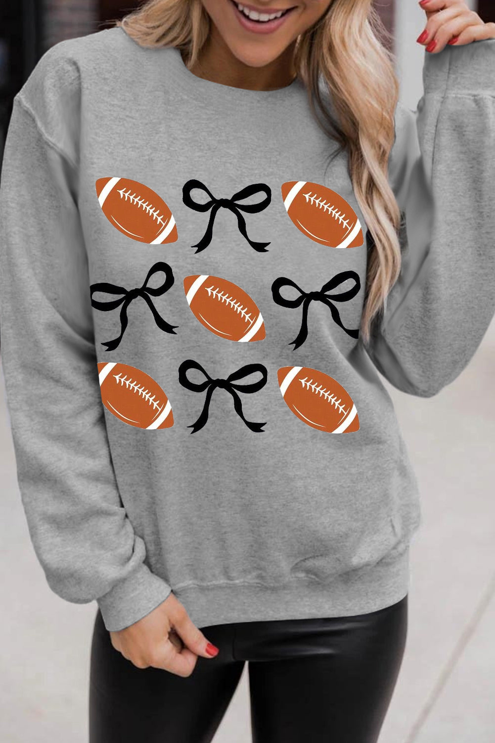 Gray Football Bow Knot Print Crewneck Sweatshirt