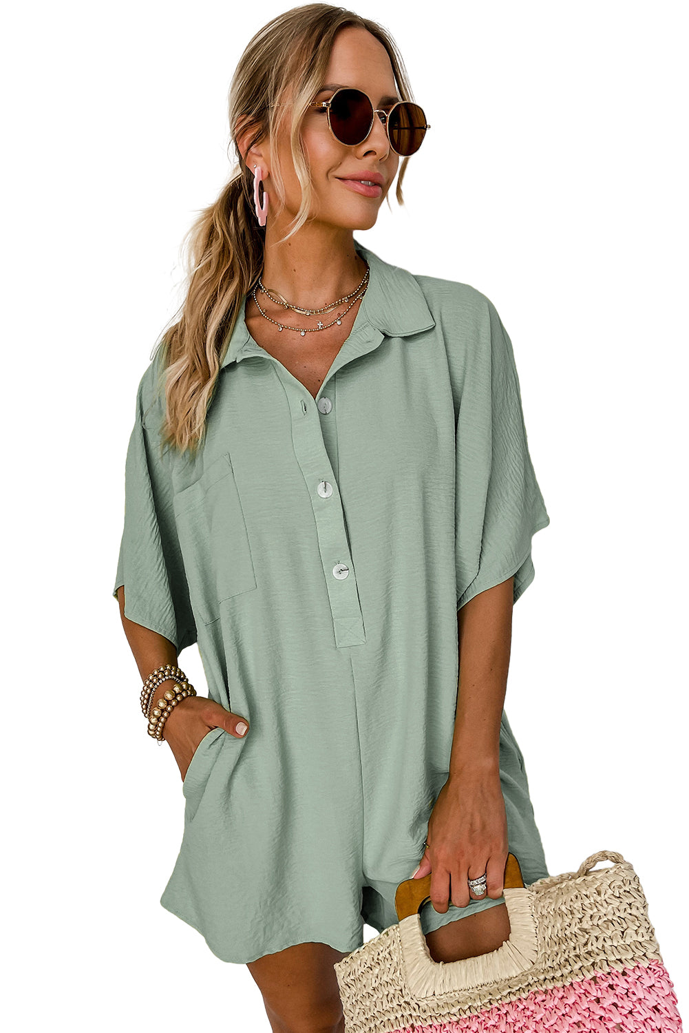 Half Button Collared Pocket Loose Romper