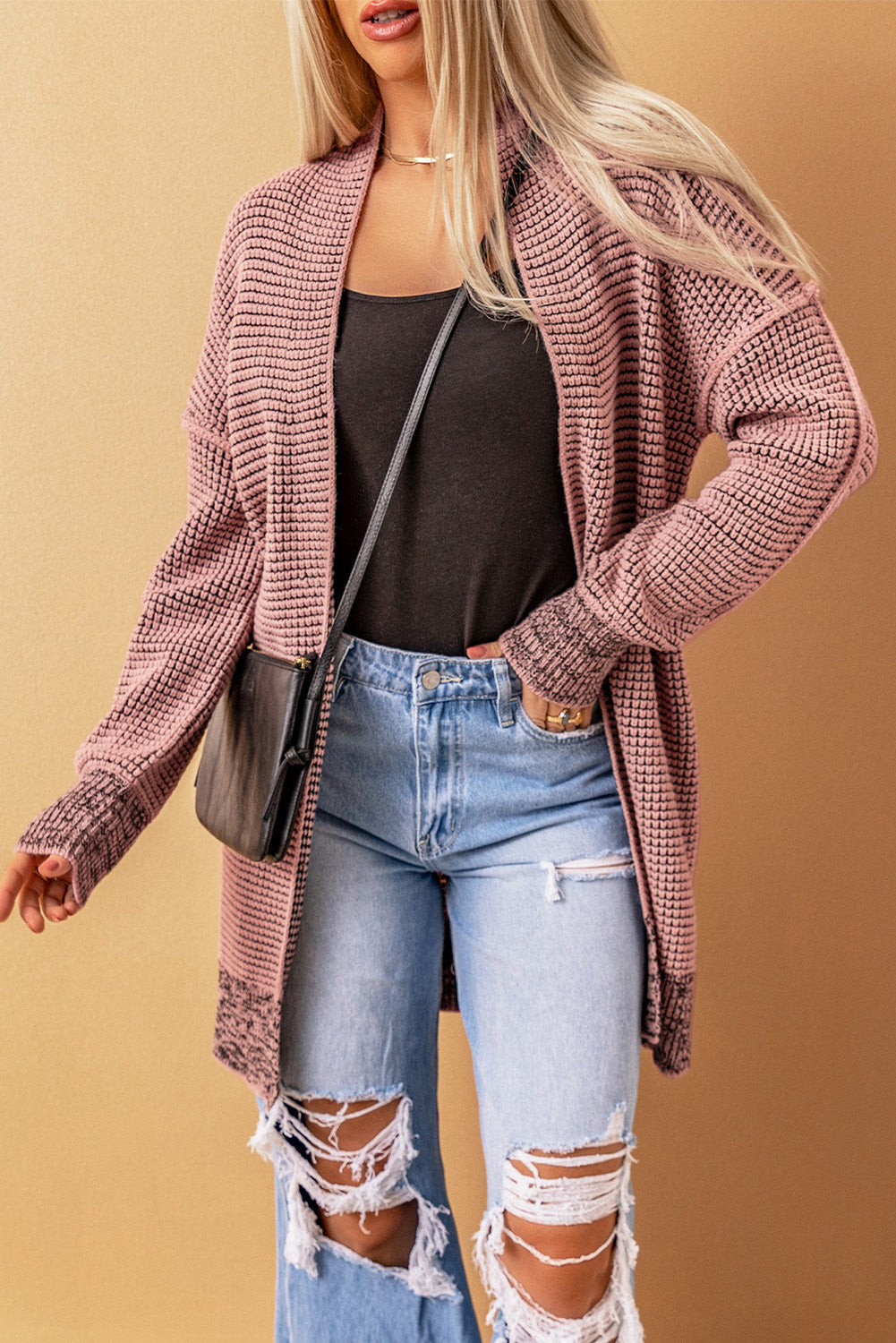 Plaid Contrast Trim Casual Knit Cardigan