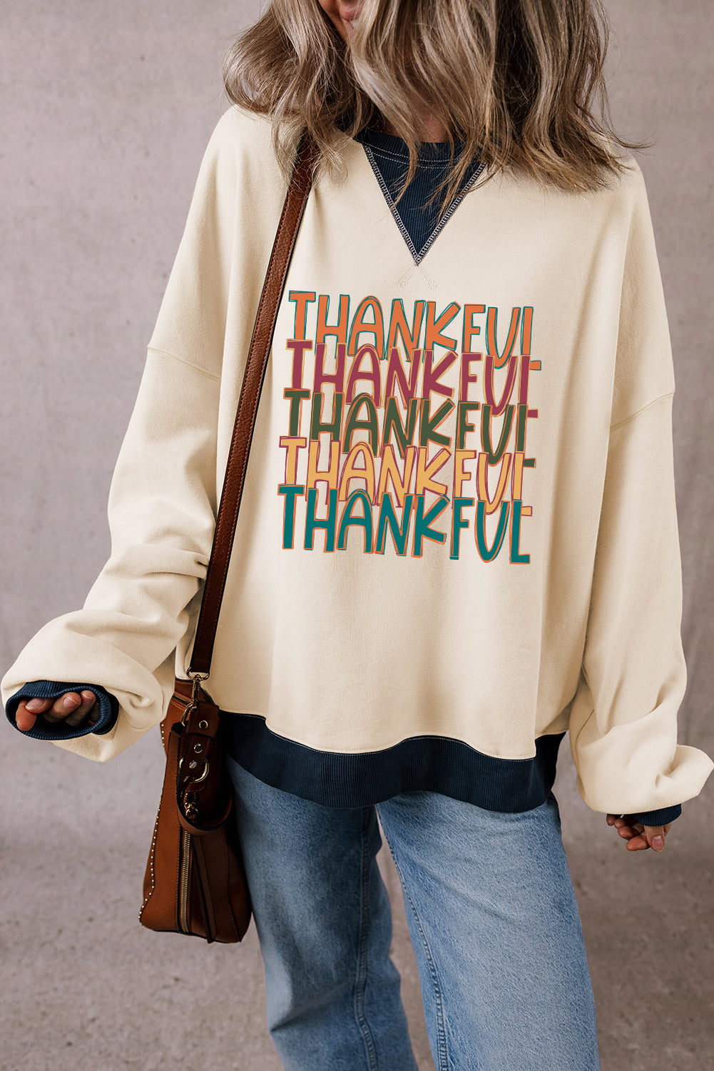 White THANKFUL Colorblock Edge Thanksgiving Graphic Sweatshirt