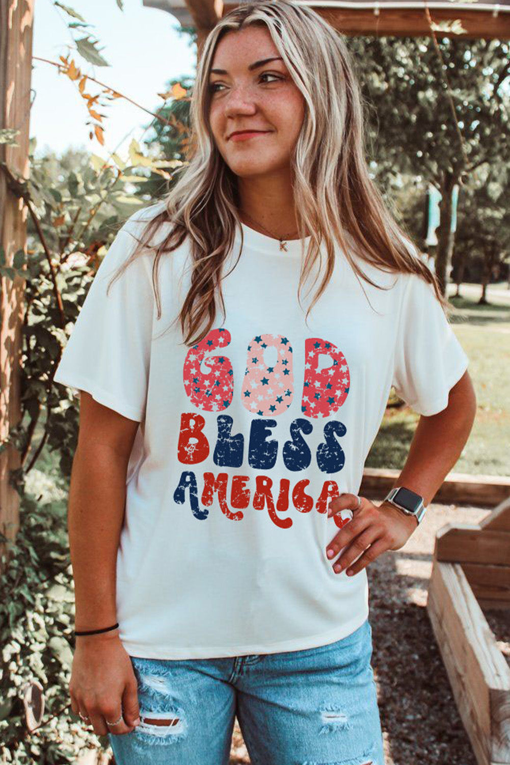 White God Bless America Graphic Round Neck Tee