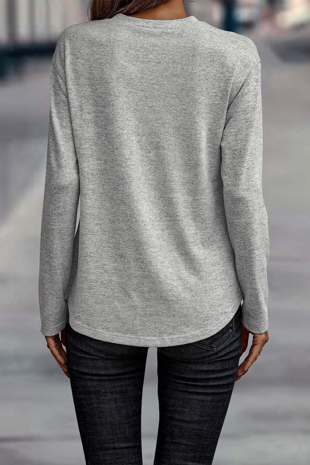 Gray Side Buttons Crew Neck Long Sleeve Top