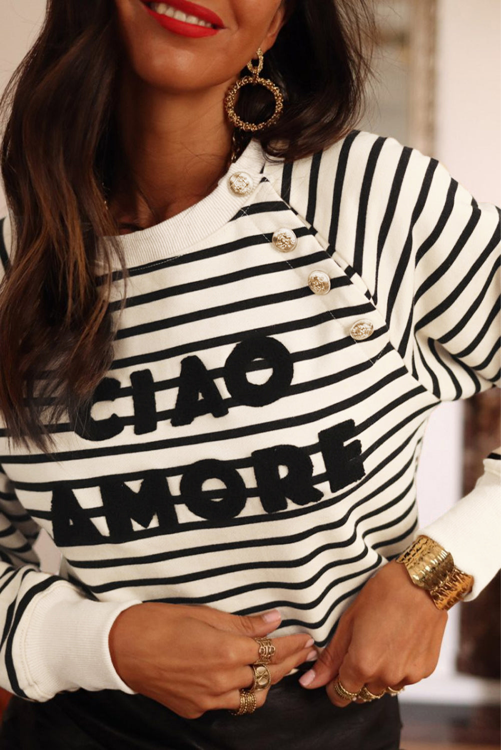 Black Stripe CIAO AMORE Graphic Buttoned Sweatshirt