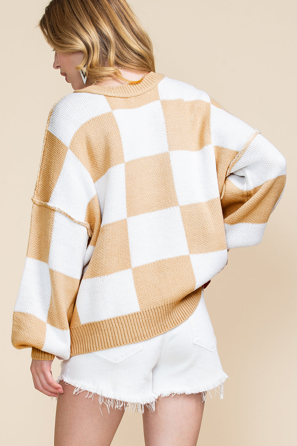 Checkered Bishop Sleeve Pullover Sweater