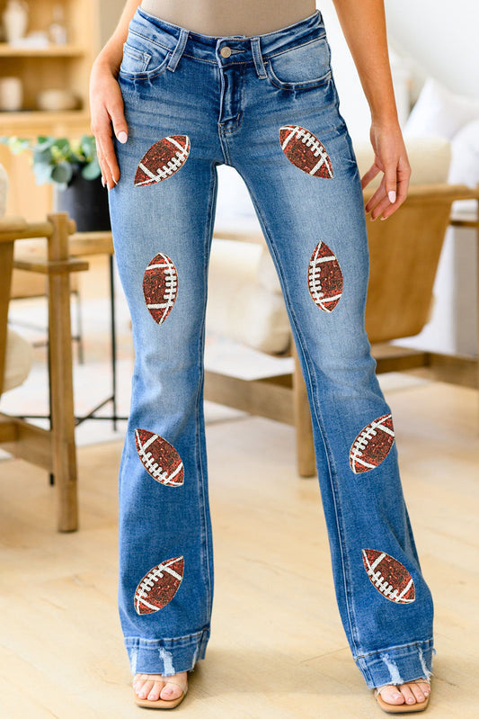 Sky Blue Sequin Football Pattern High Waist Distressed Flare Jeans