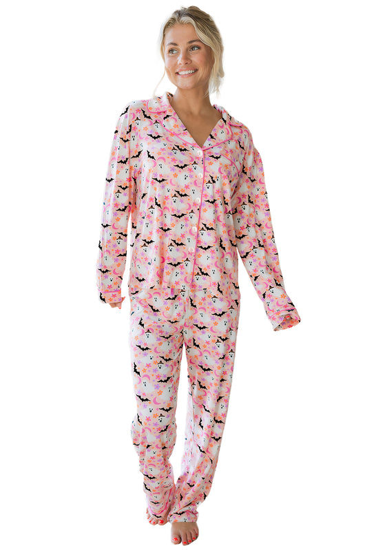 Pink Cute Floral Halloween Ghost Print Long Pajama Set