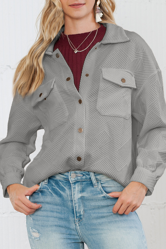 Gray Solid Textured Flap Pocket Buttoned Shacket