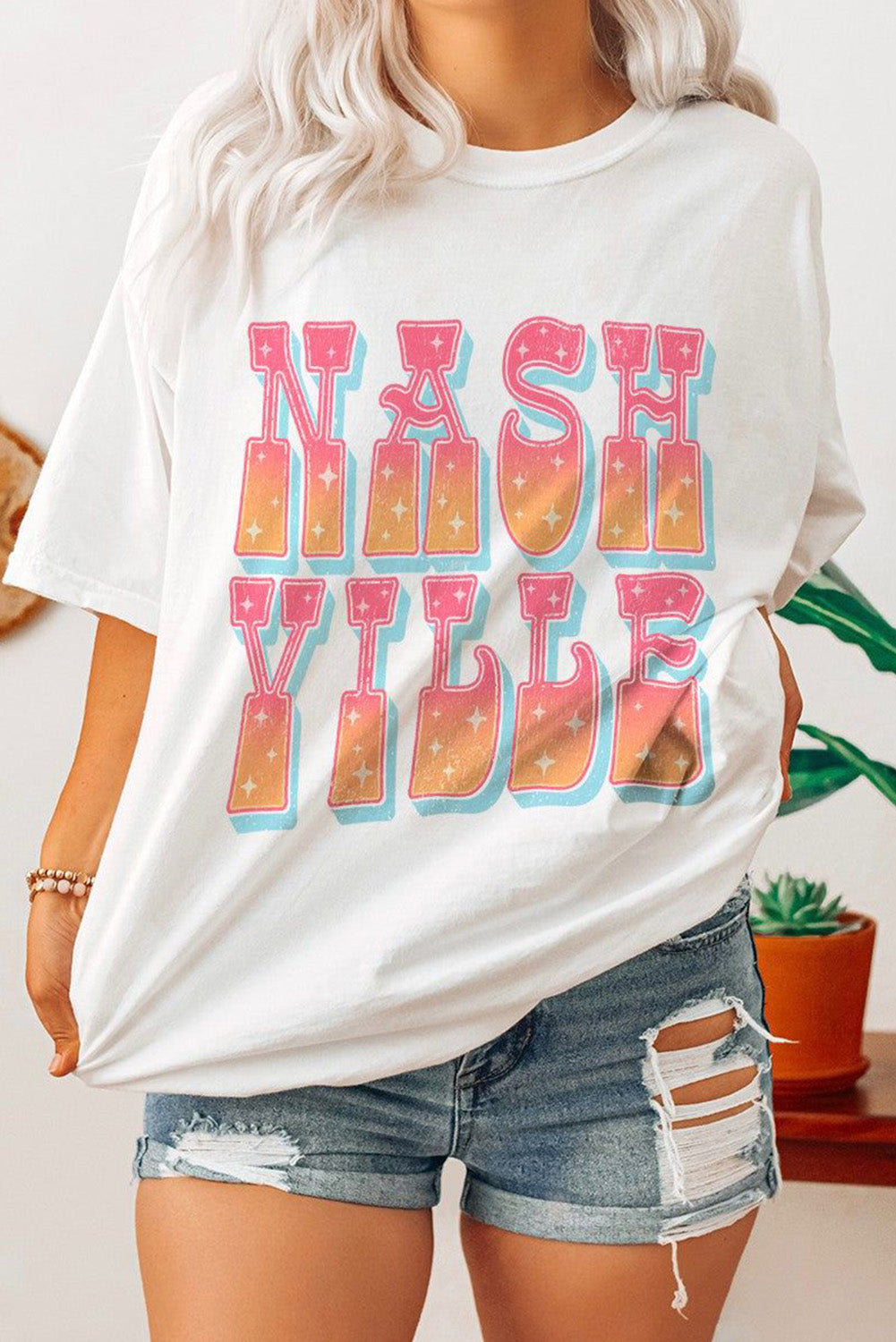 White NASHVILLE Starry Graphic Crew Neck T Shirt