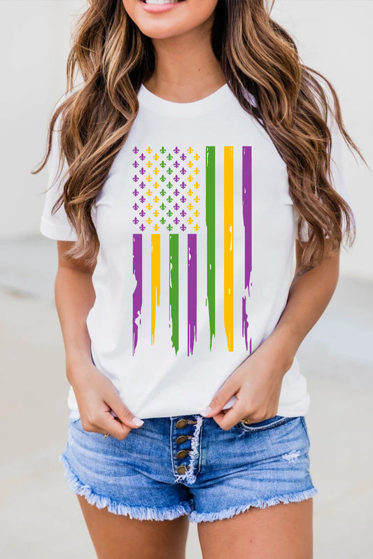 White Mardi Gras USA Flag Print Graphic Crewneck Tee