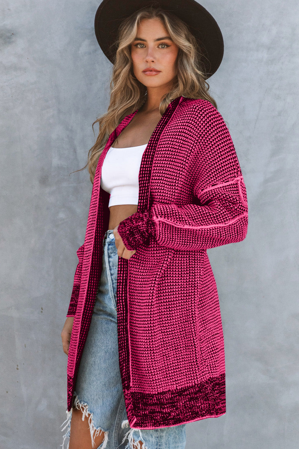 Plaid Contrast Trim Casual Knit Cardigan