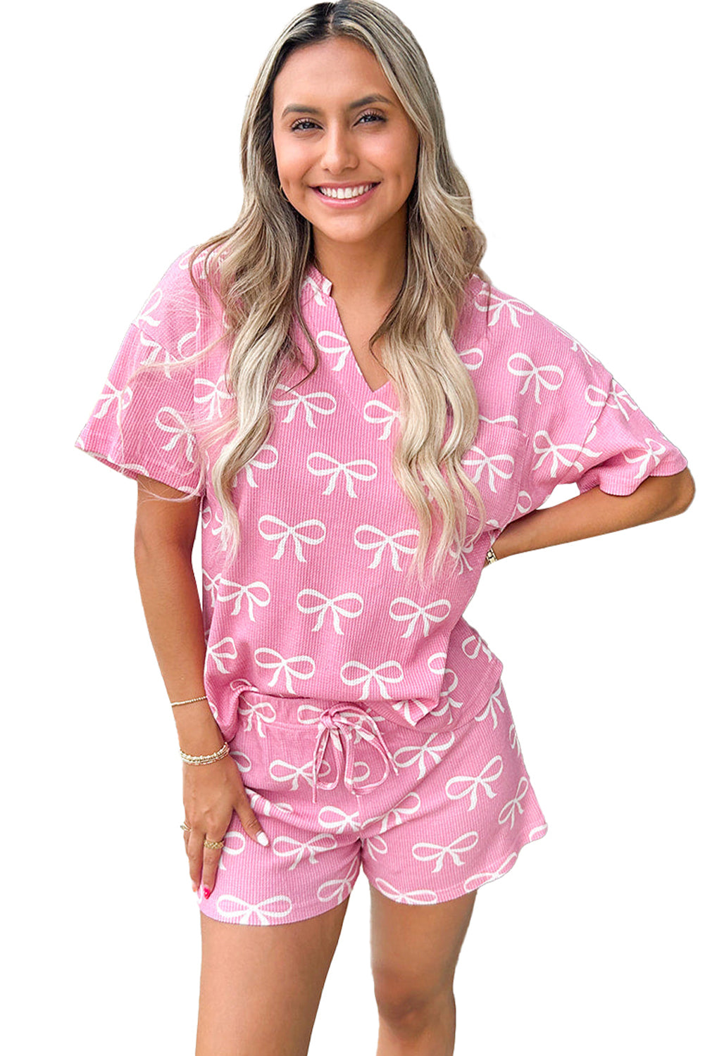 Pink Waffle Knit Bowknot Printed V Neck T Shirt And Shorts Set