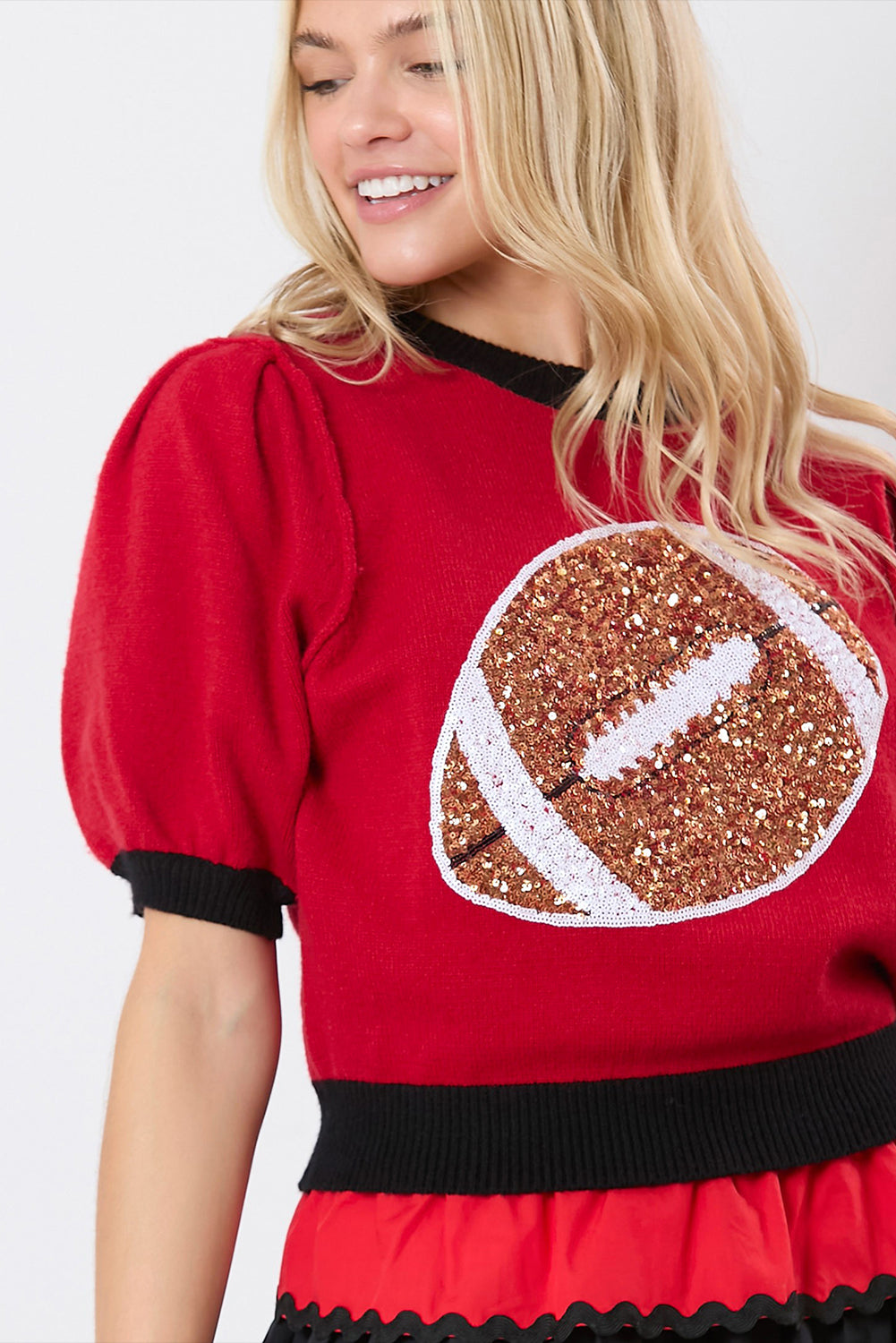 A Red Sequin Football Color Block Puff Sleeve Knit Top