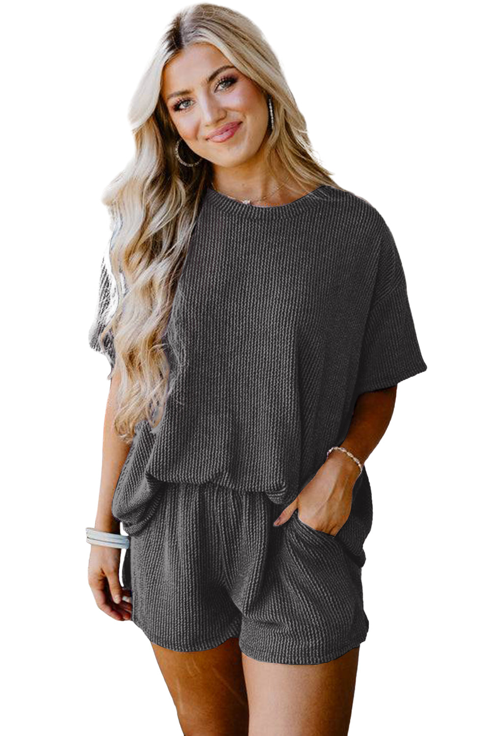 Carbon Grey Ribbed Textured Loose Fit Tee & Shorts Set