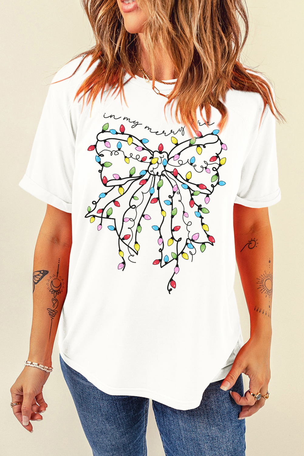 White Colorful Lights Bowknot Graphic T Shirt