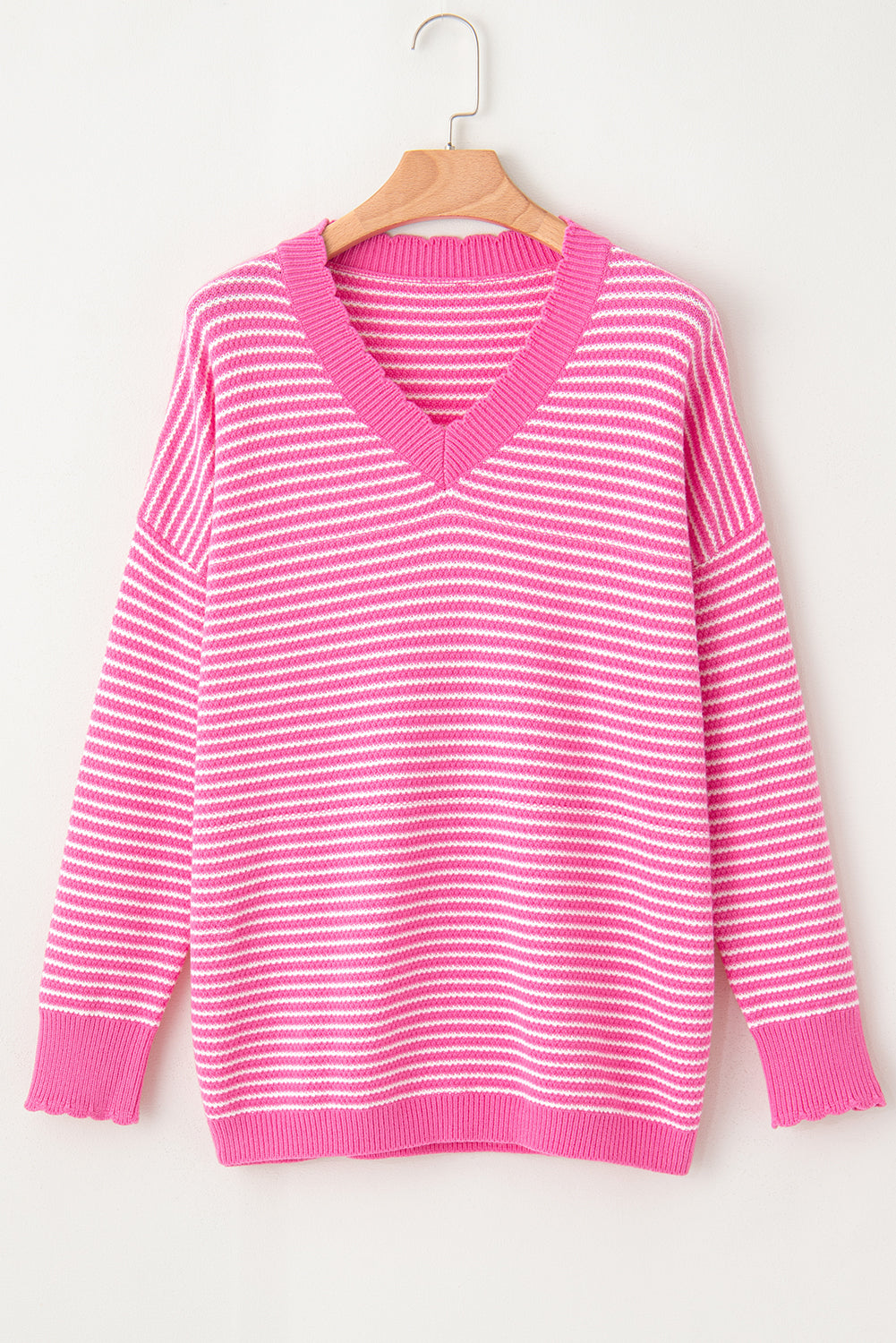 Pink Striped Scallop V Neck Split Knitted Sweater