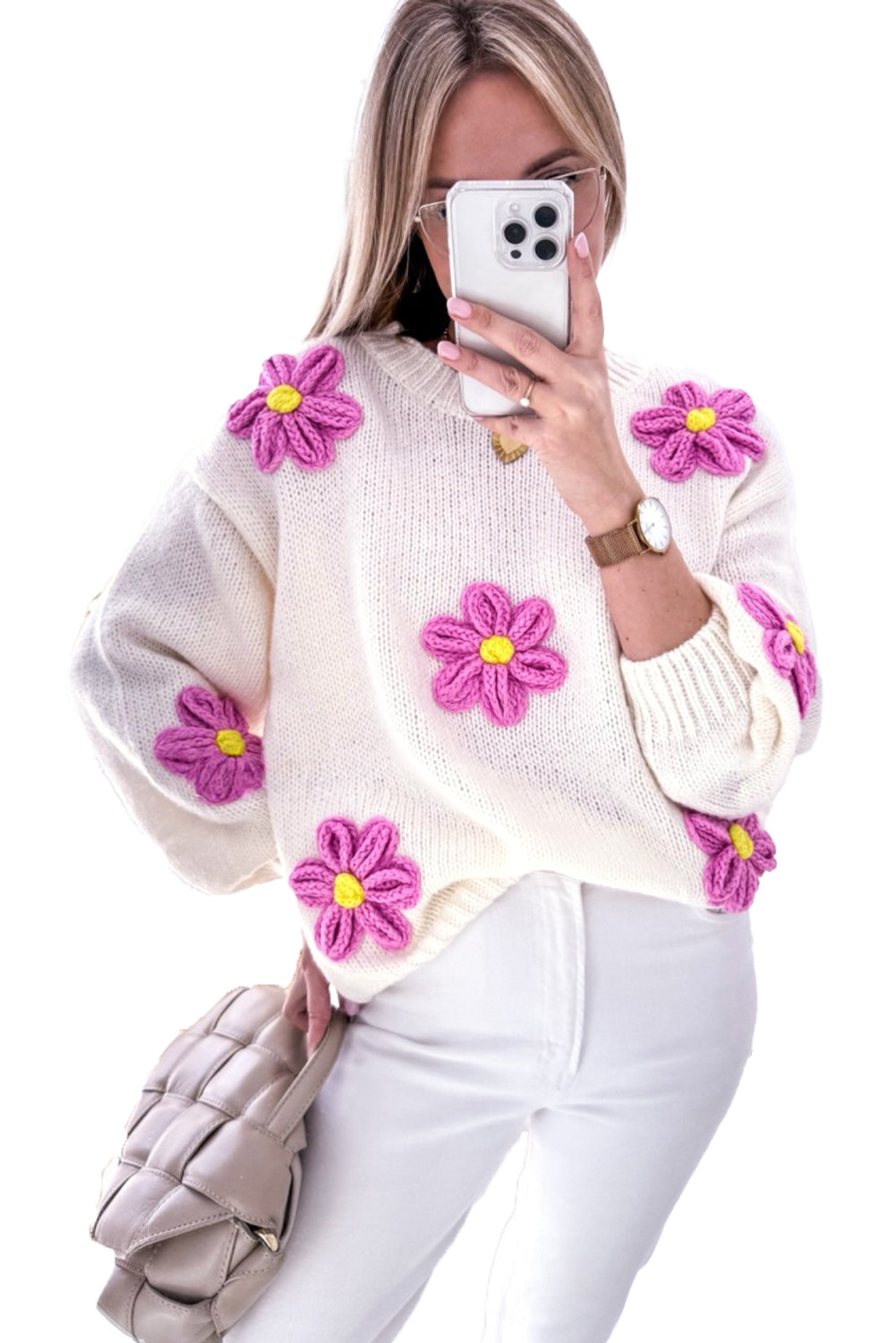 White 3D Flower Detail Loose Sweater