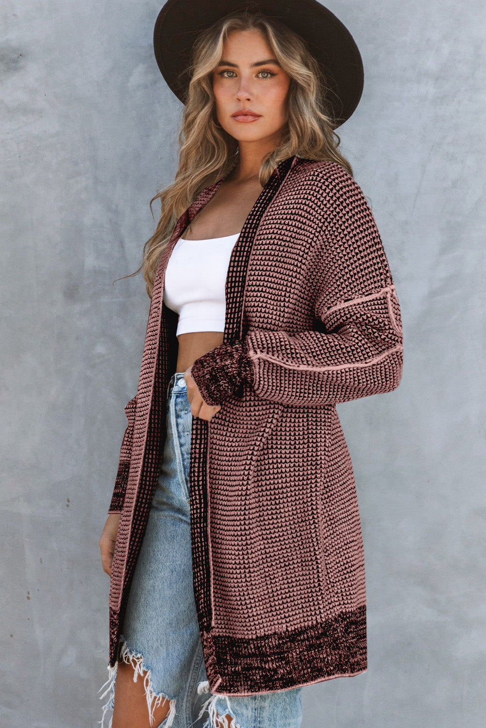 Plaid Contrast Trim Casual Knit Cardigan