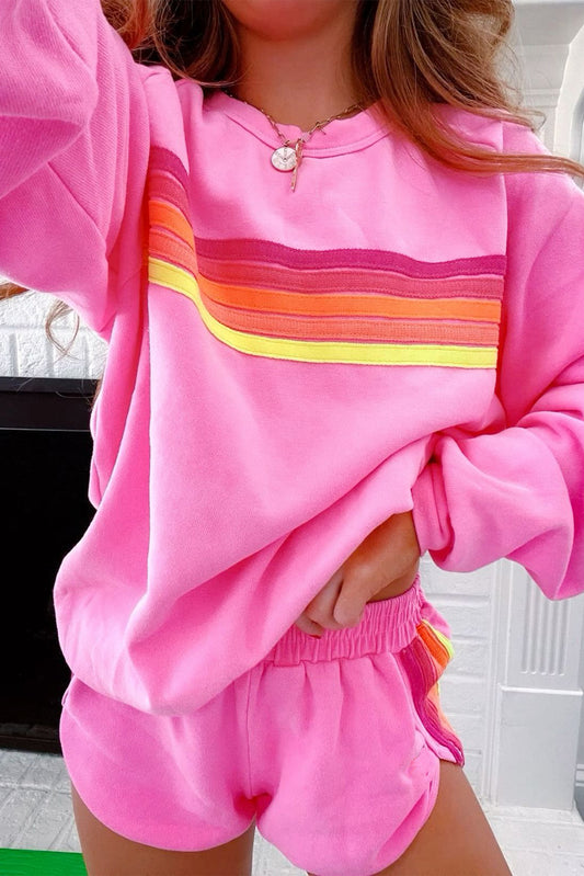 Bonbon Colorful Striped Long Sleeve Pullover and Shorts Set