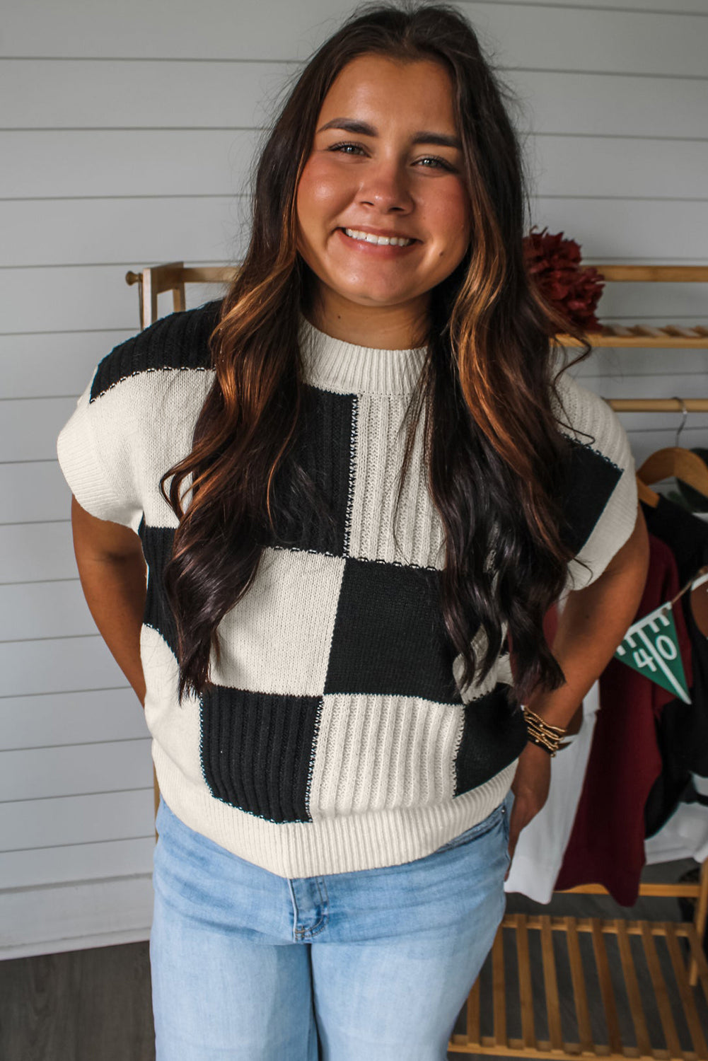 Light Blue Checkered Color Block Crew Neck Short Sleeve Sweater