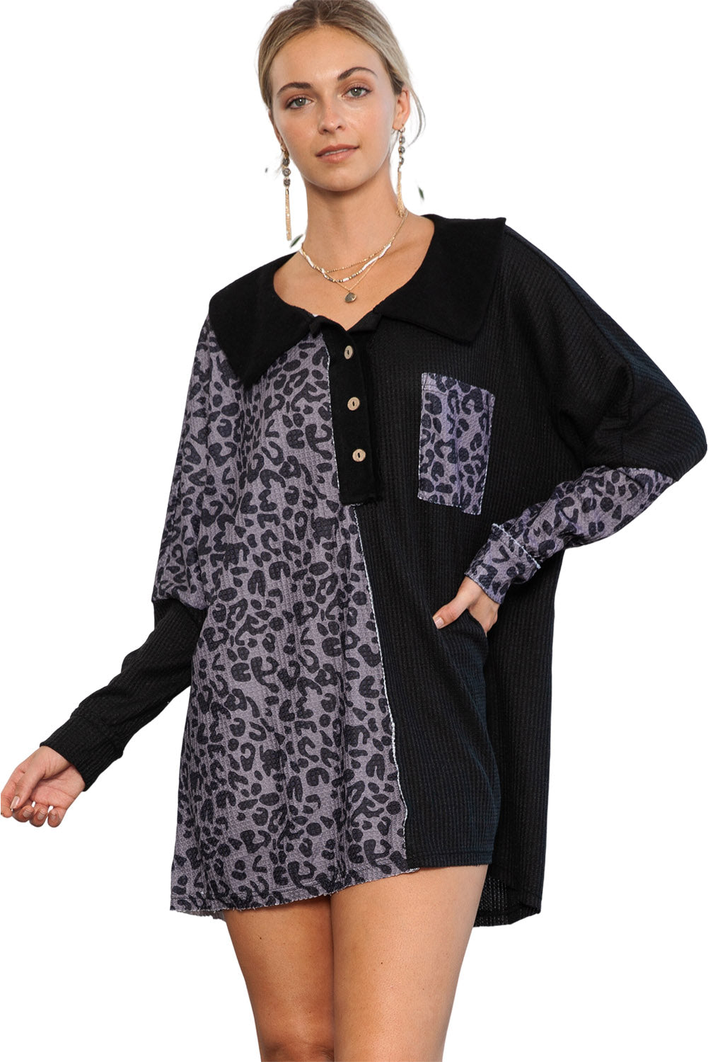 Black Waffle Knit and Leopard Print Color Block Oversized Henley Shirt