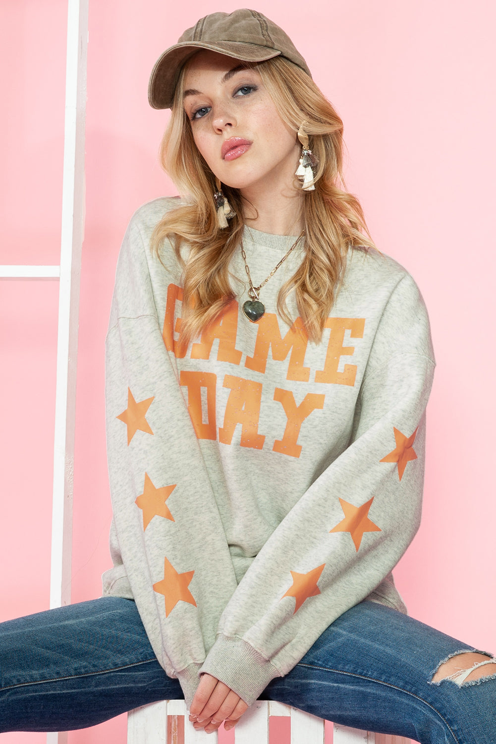 Orange Lettering Game Day Print Star Sleeve Sweatshirt