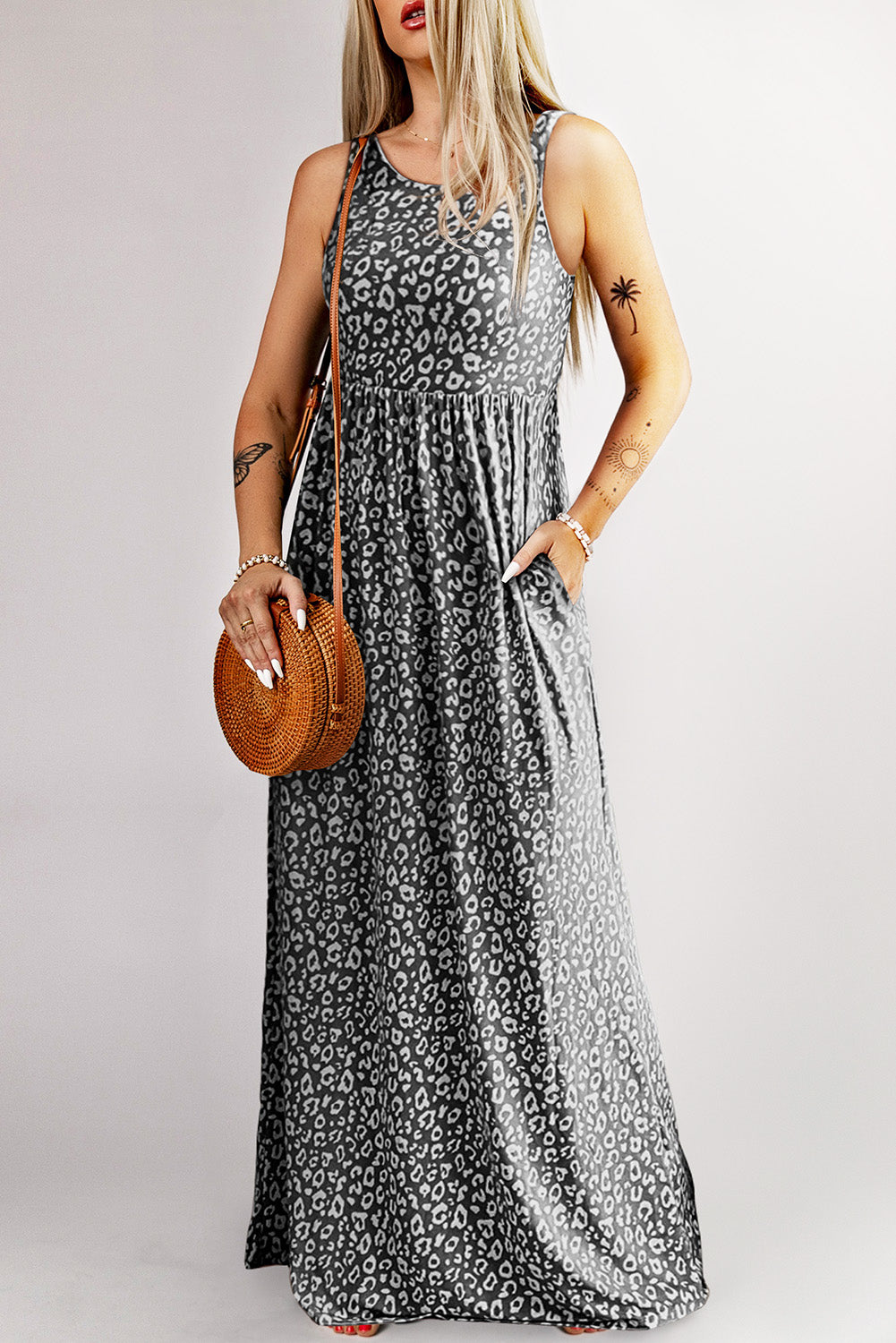 Rose Pink Leopard Pocketed Maxi Tank Dress