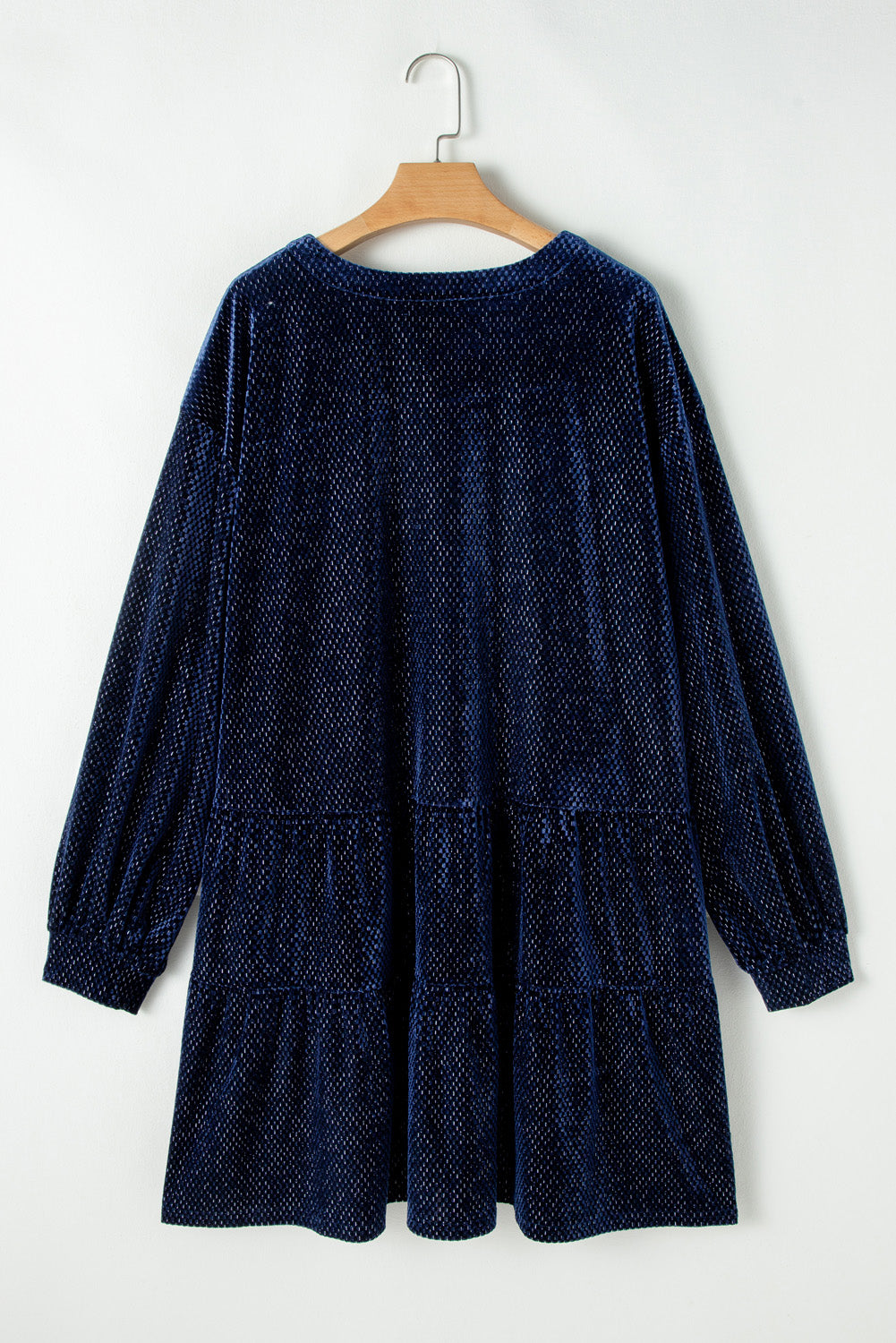 Navy Blue Textured Velvet Buttons Tiered Plus Size Dress