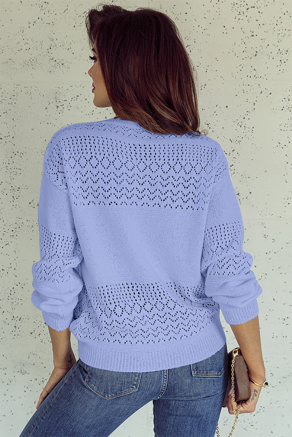 Sky Blue Hollow Long Sleeve V Neck sweater