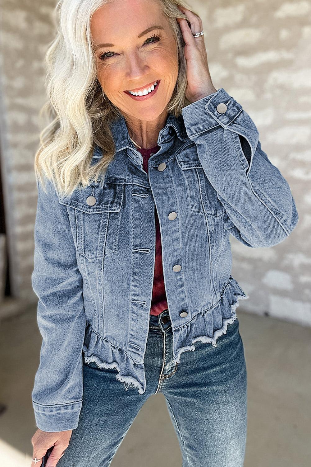 Navy Blue Ruffle Raw Hem Flap Pockets Denim Jacket