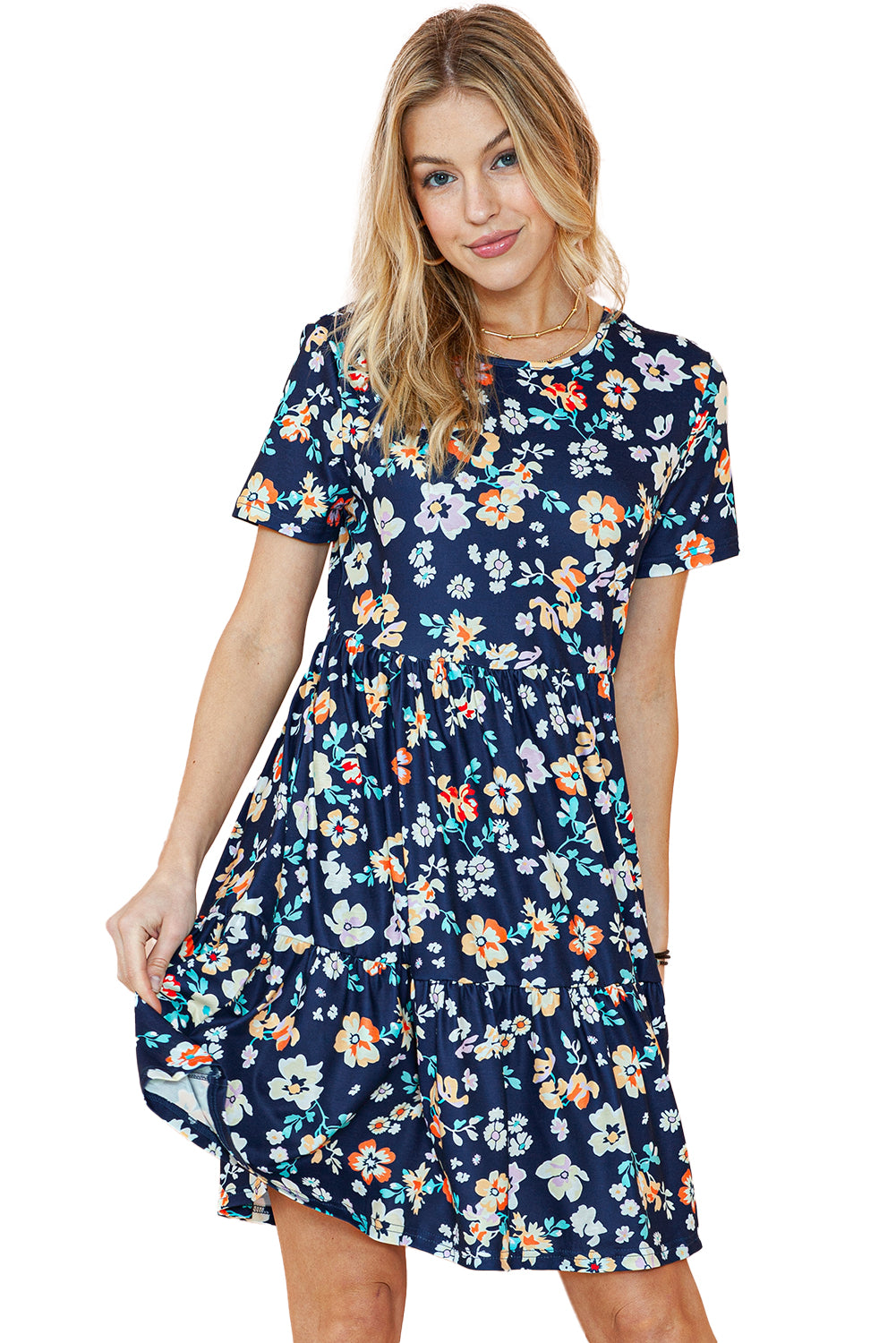 Blue Boho Floral A Line Smocked Waist Mini Dress