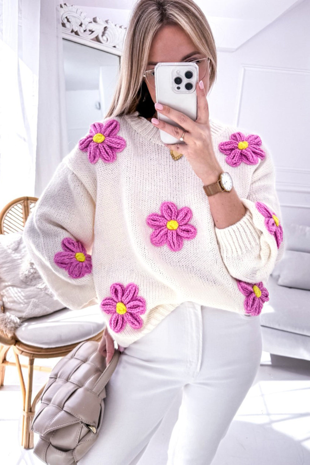 White 3D Flower Detail Loose Sweater