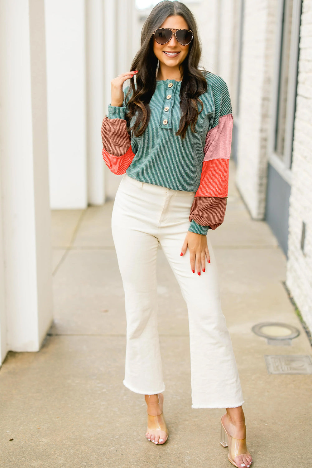 Multicolour Twisted Ribbed Colorblock Patchwork Henley Top